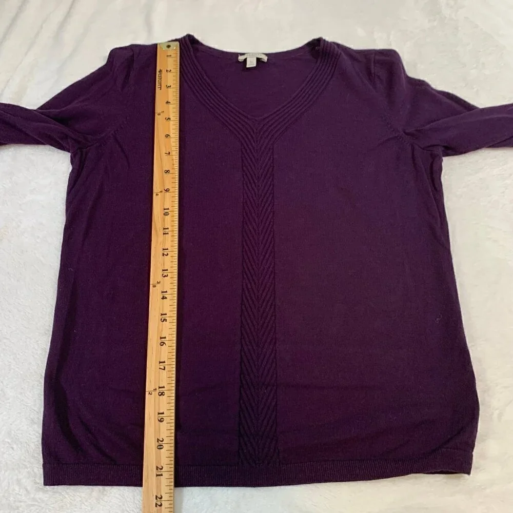 Talbots Petite Purple V-Neck 100%‎ Cotton Sweater Ribbed Chevron Detail SP